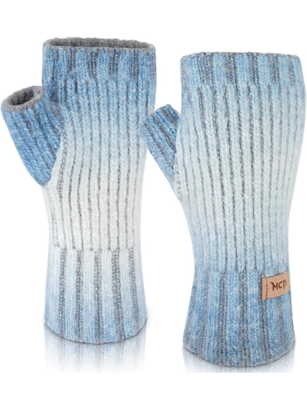 Women's Blue Warm Knitted Fingerless Mittens Typing Gloves with Long Wrist Cuff